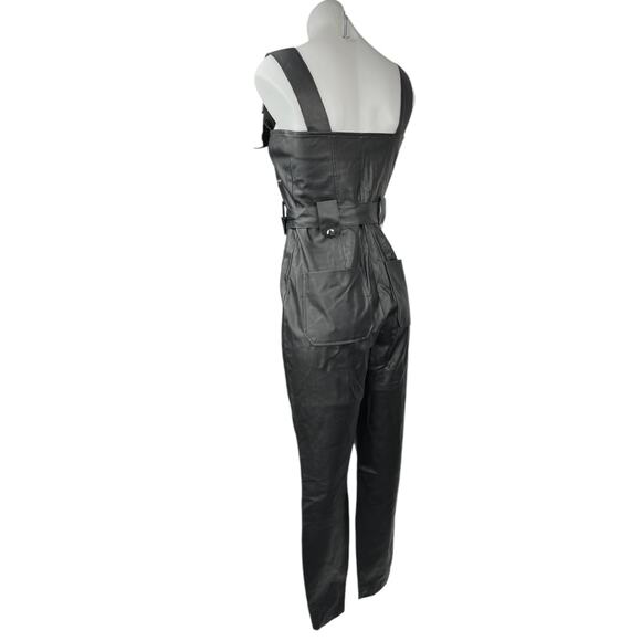 WeWoreWhat Black Faux Vegan Leather Zip Up Belted Moto Jumpsuit Overalls Size S - Picture 2 of 5